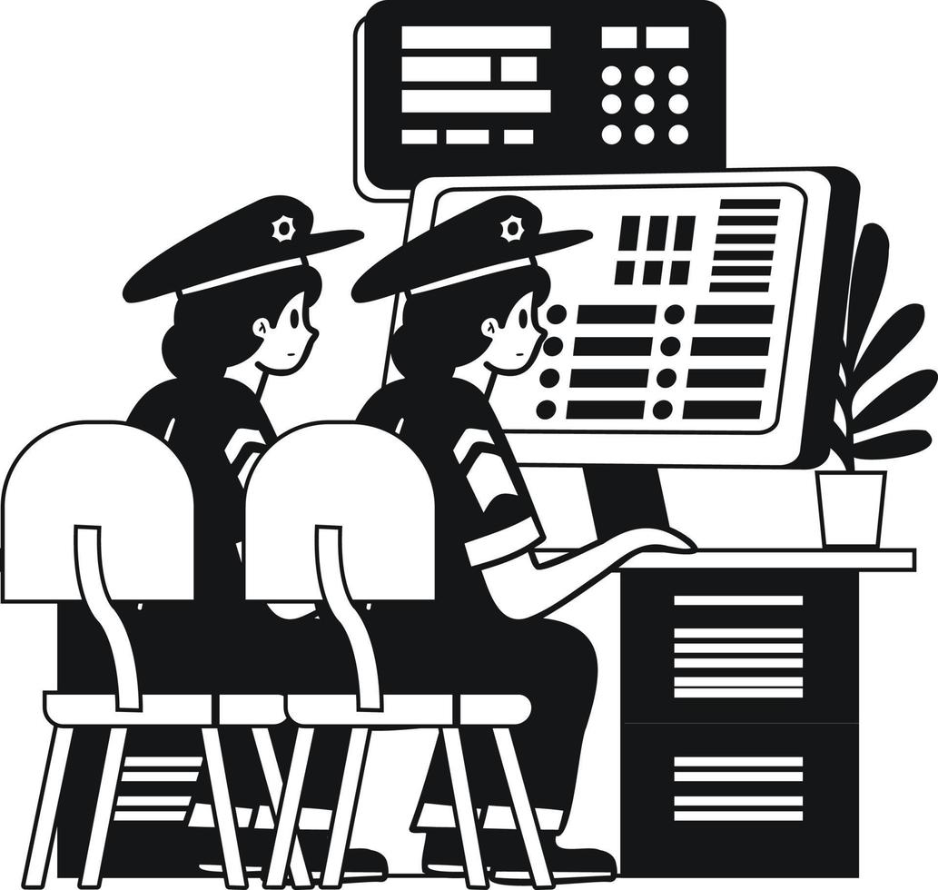 policeman and police station illustration in doodle style vector