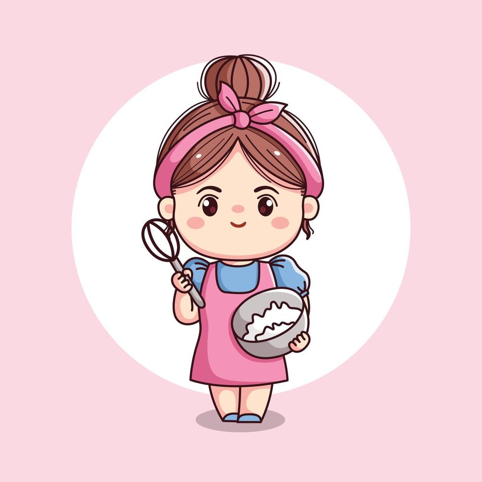 linda niña o cocinero o esposa Cocinando con delantal y venda chibi kawaii plano personaje vector