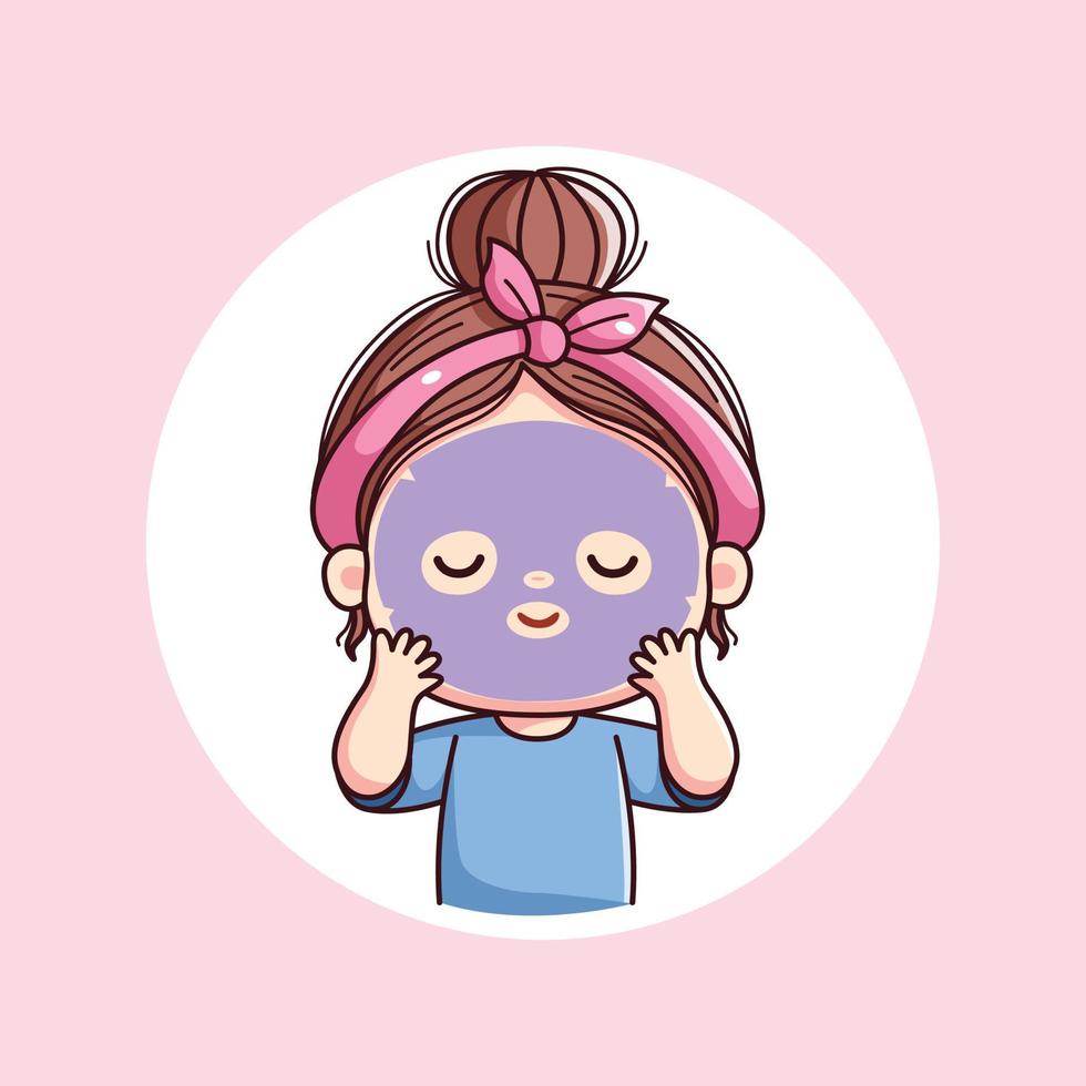 Cute girl with skincare sheet mask daily activity routine with pink headband kawaii chibi flat character vector