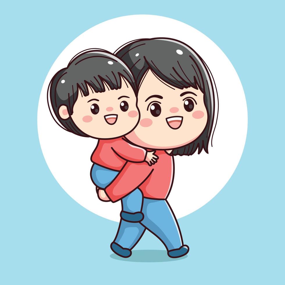 happy mothers day illustration of mother and son  kawaii chibi flat character vector