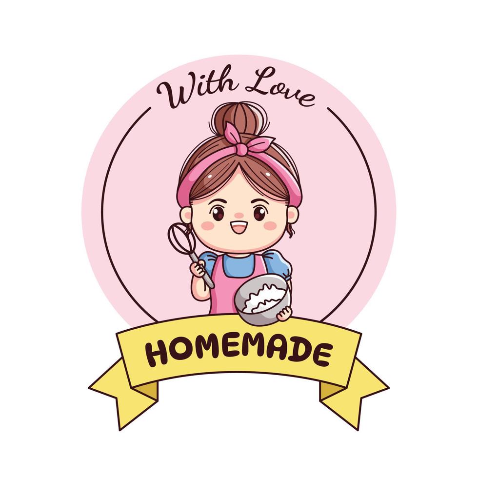 Food or bakery label logo with ribbon chef character homemade cute character chibi kawaii vector