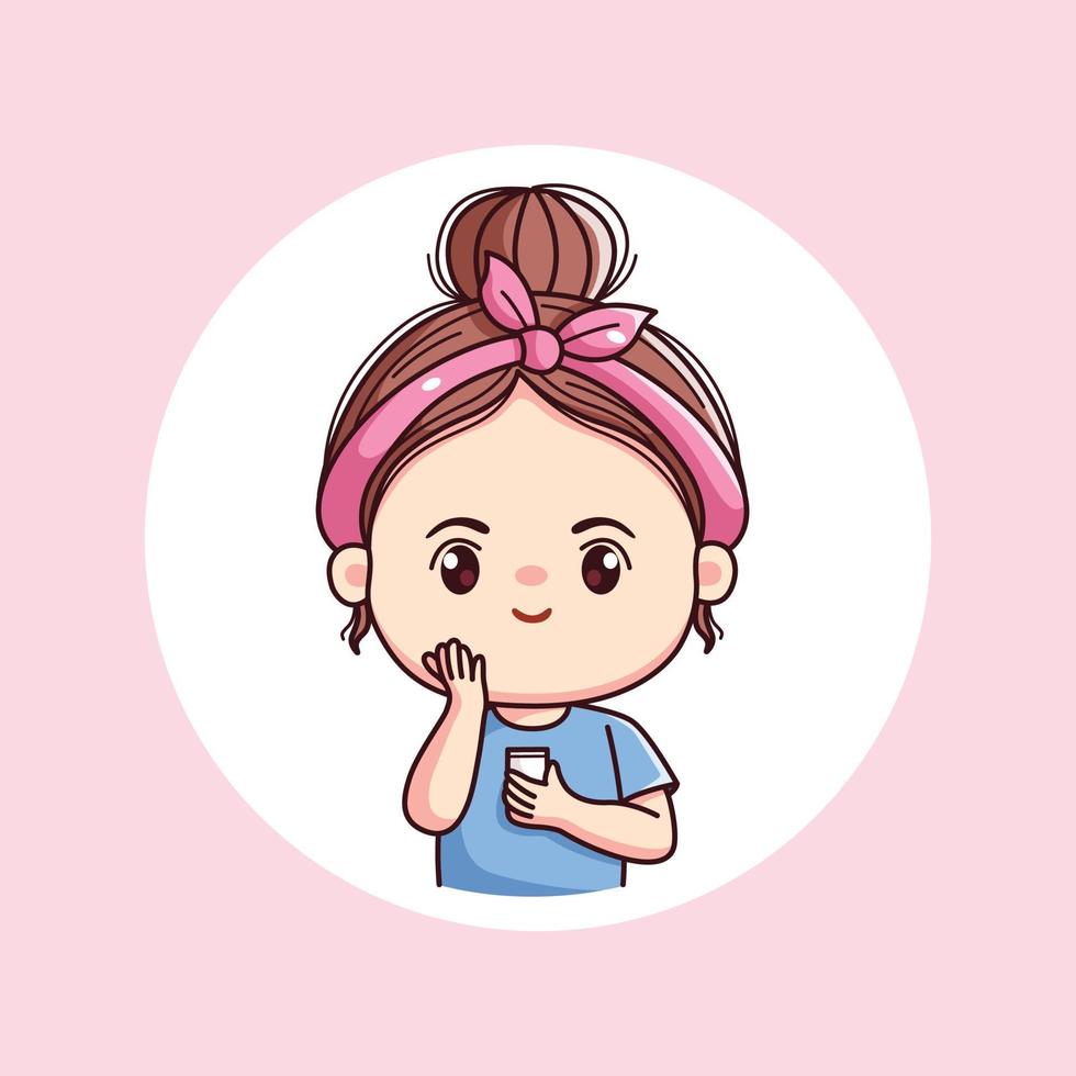 Cute girl with skincare daily activity routine with pink headband kawaii chibi flat character vector