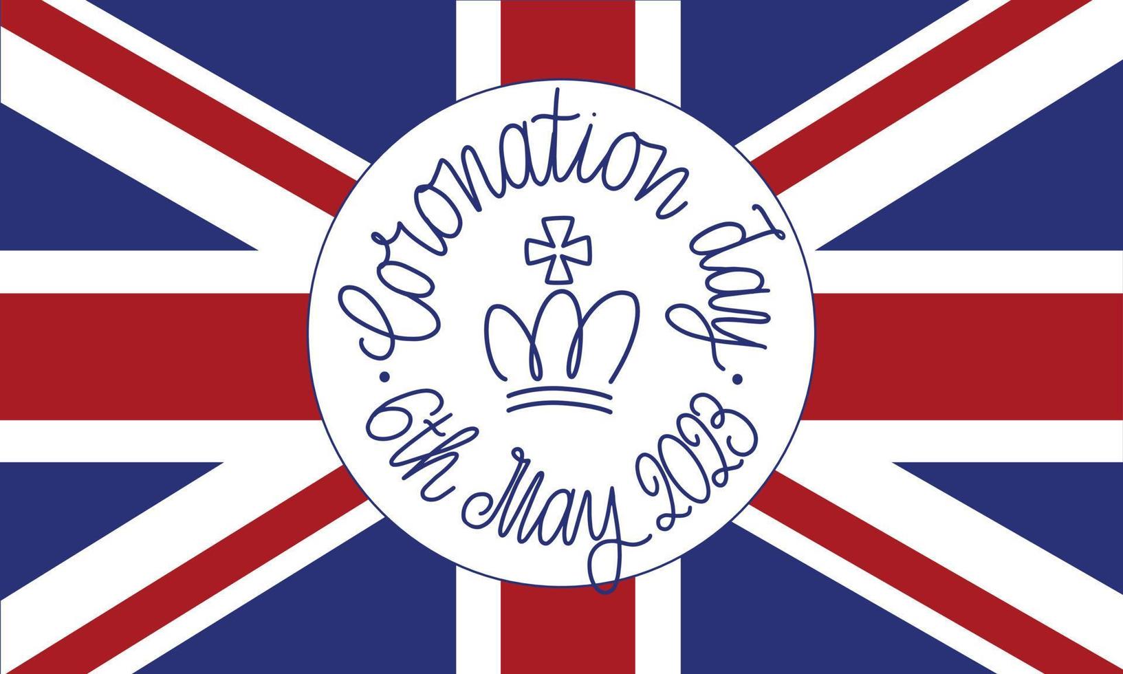 King coronation day poster with crown and UK flag. Handwritten calligraphy with royal symbol vector illustration. Celebration new monarch ceremony holiday.