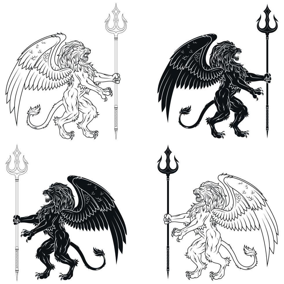 winged rampant lion with trident vector