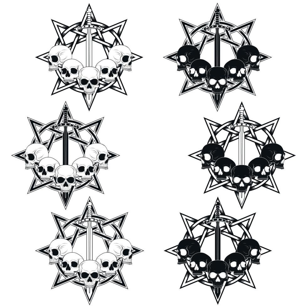 Diseño vectorial de calaveras con espada y estrella. vector