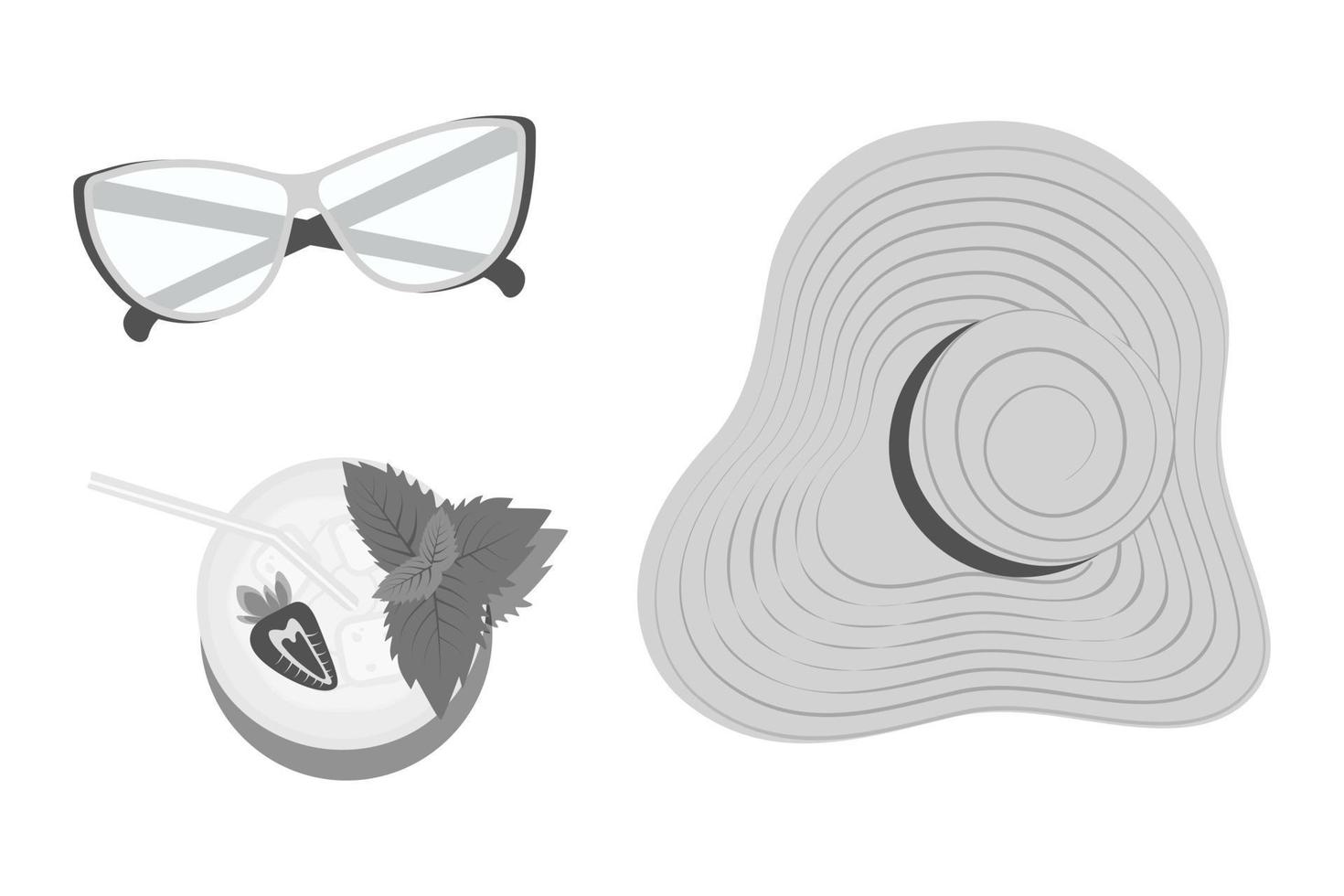 Set of glasses with clear lenses, cocktail with strawberries and mint and a brim hat in grayscale. vector