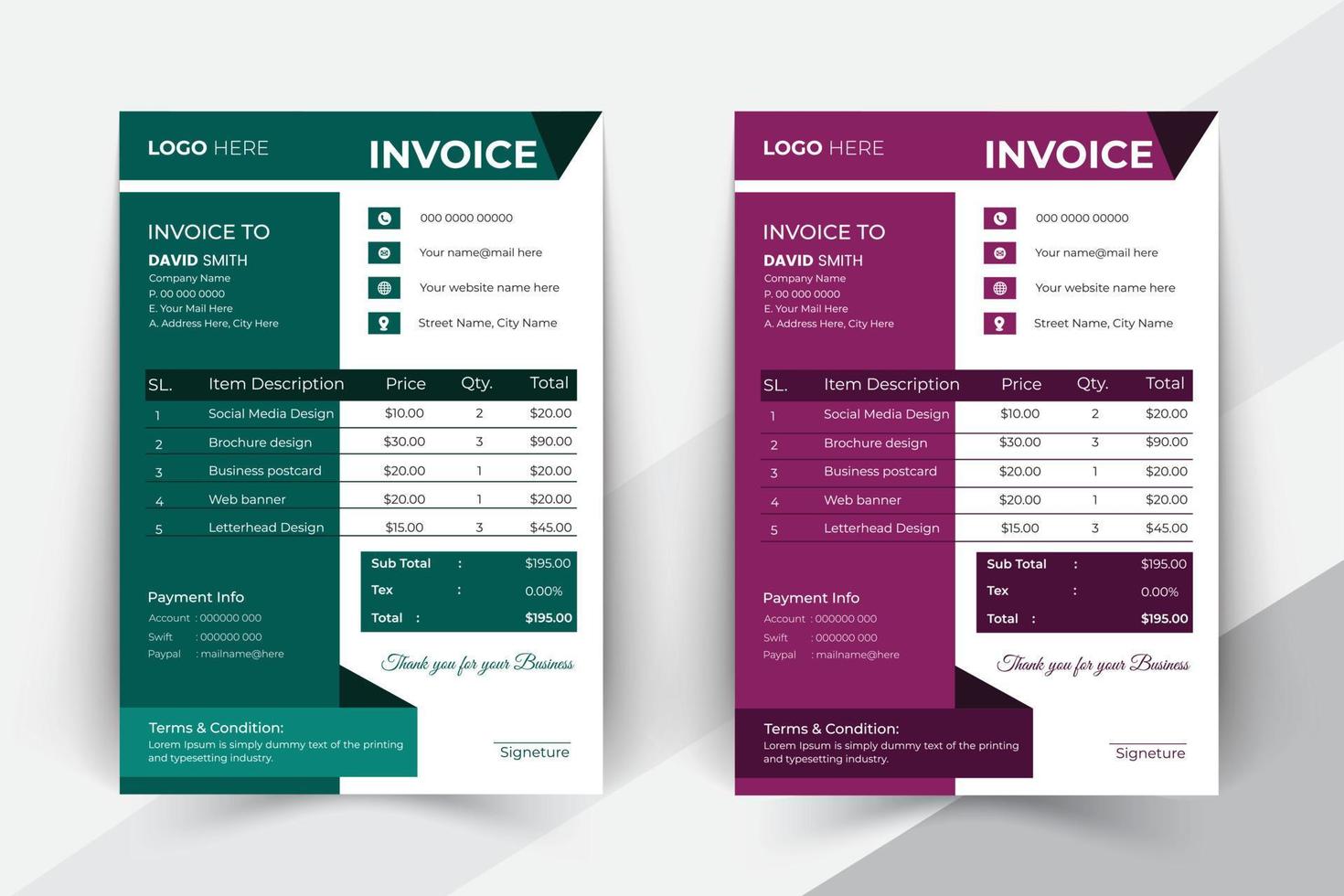 Invoice template design in minimal style Pro Vector
