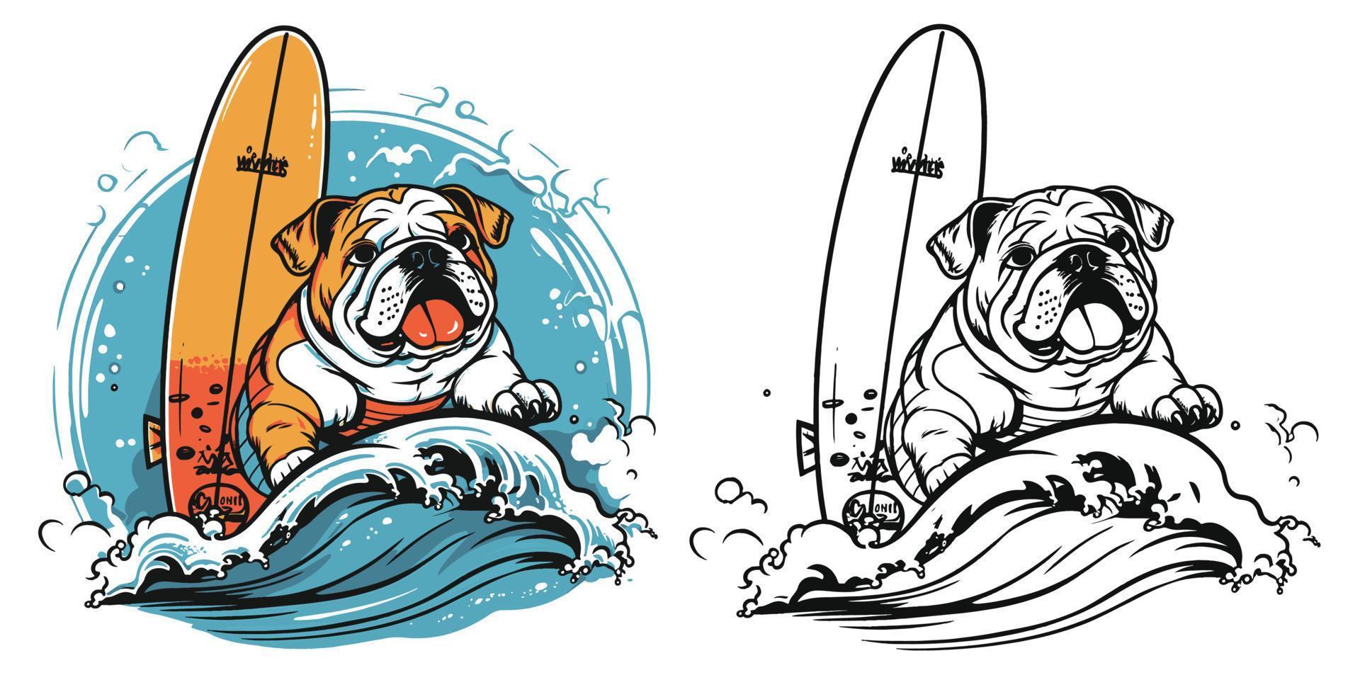 A beach loving bulldog catching some waves on a surfboard.Illustration of T-shirt design vector