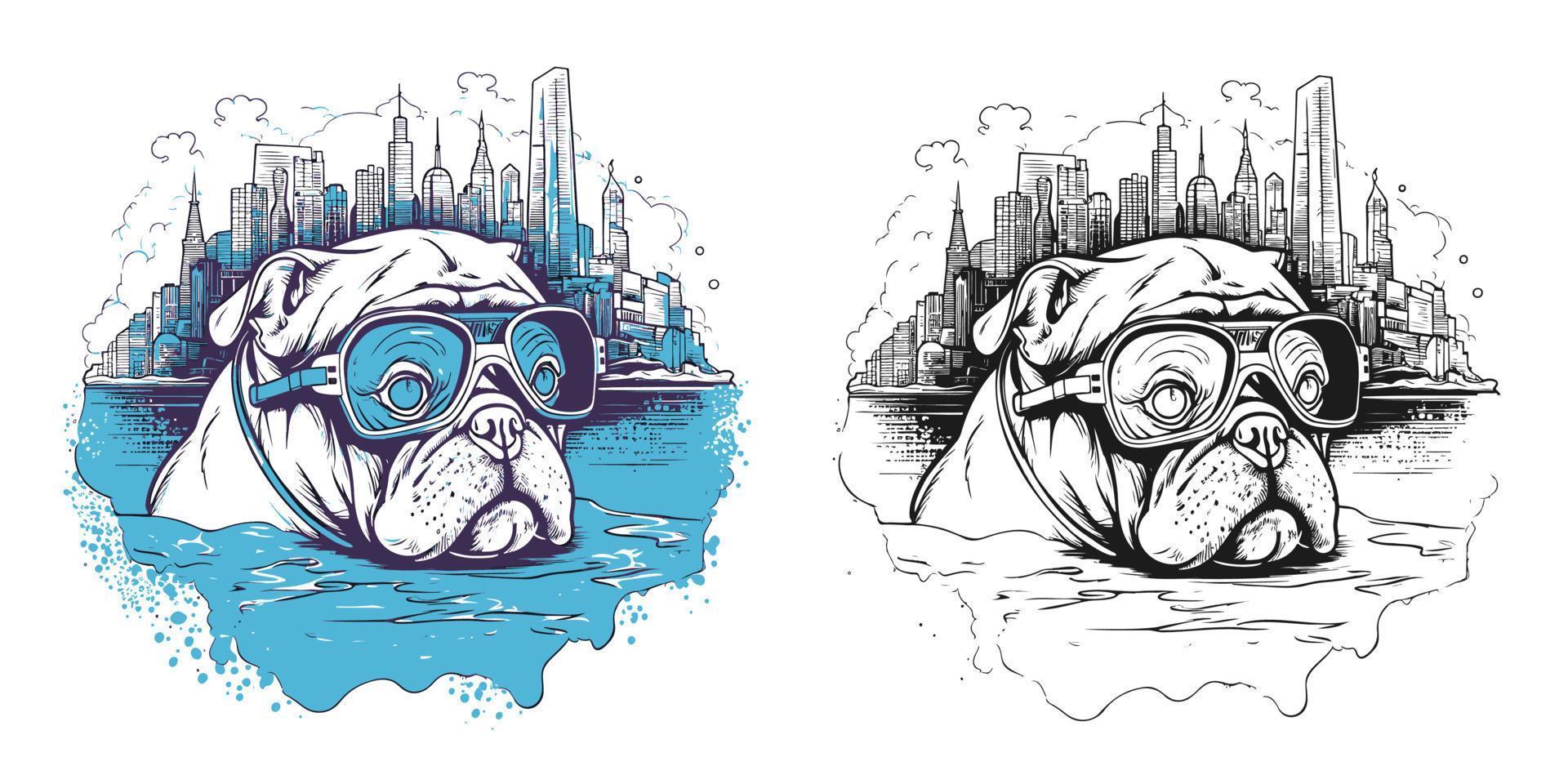 un buldog con gafas de protección bucear en el Oceano rodeado.ilustracion de camiseta diseño vector