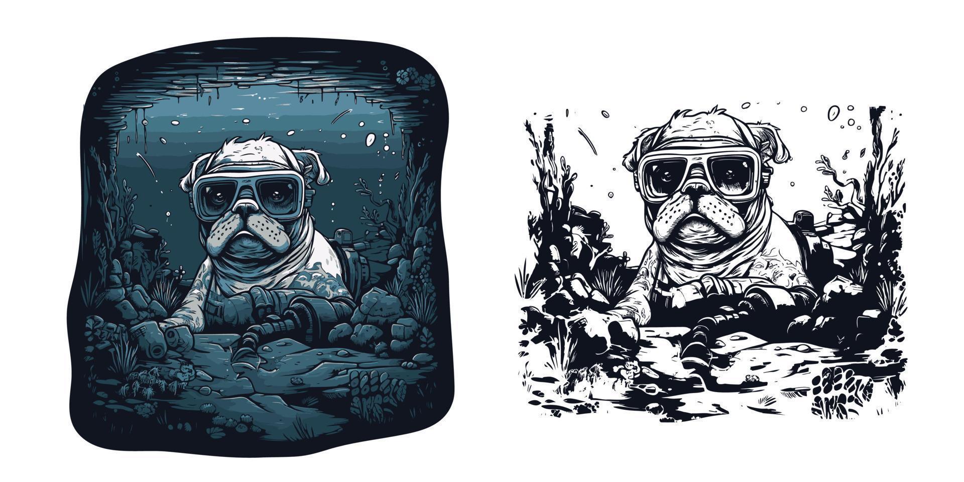 un buldog con gafas de protección bucear en el Oceano rodeado.ilustracion de camiseta diseño vector