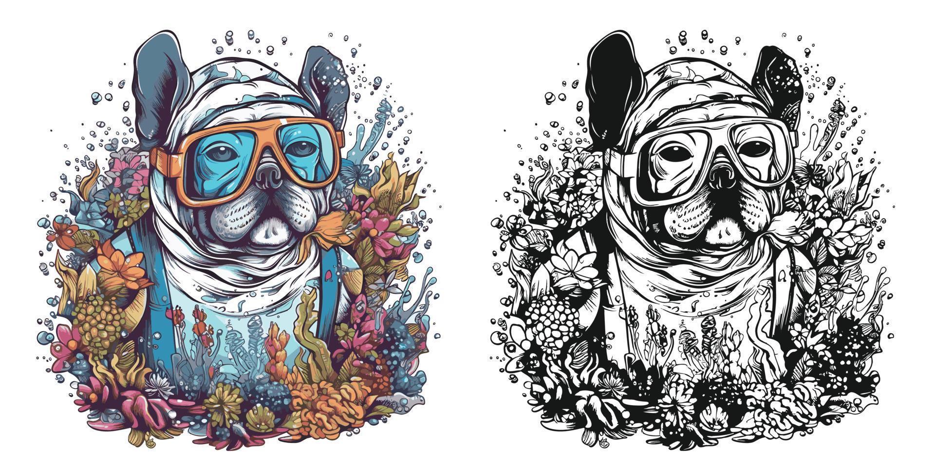 un buldog con gafas de protección bucear en el Oceano rodeado.ilustracion de camiseta diseño vector