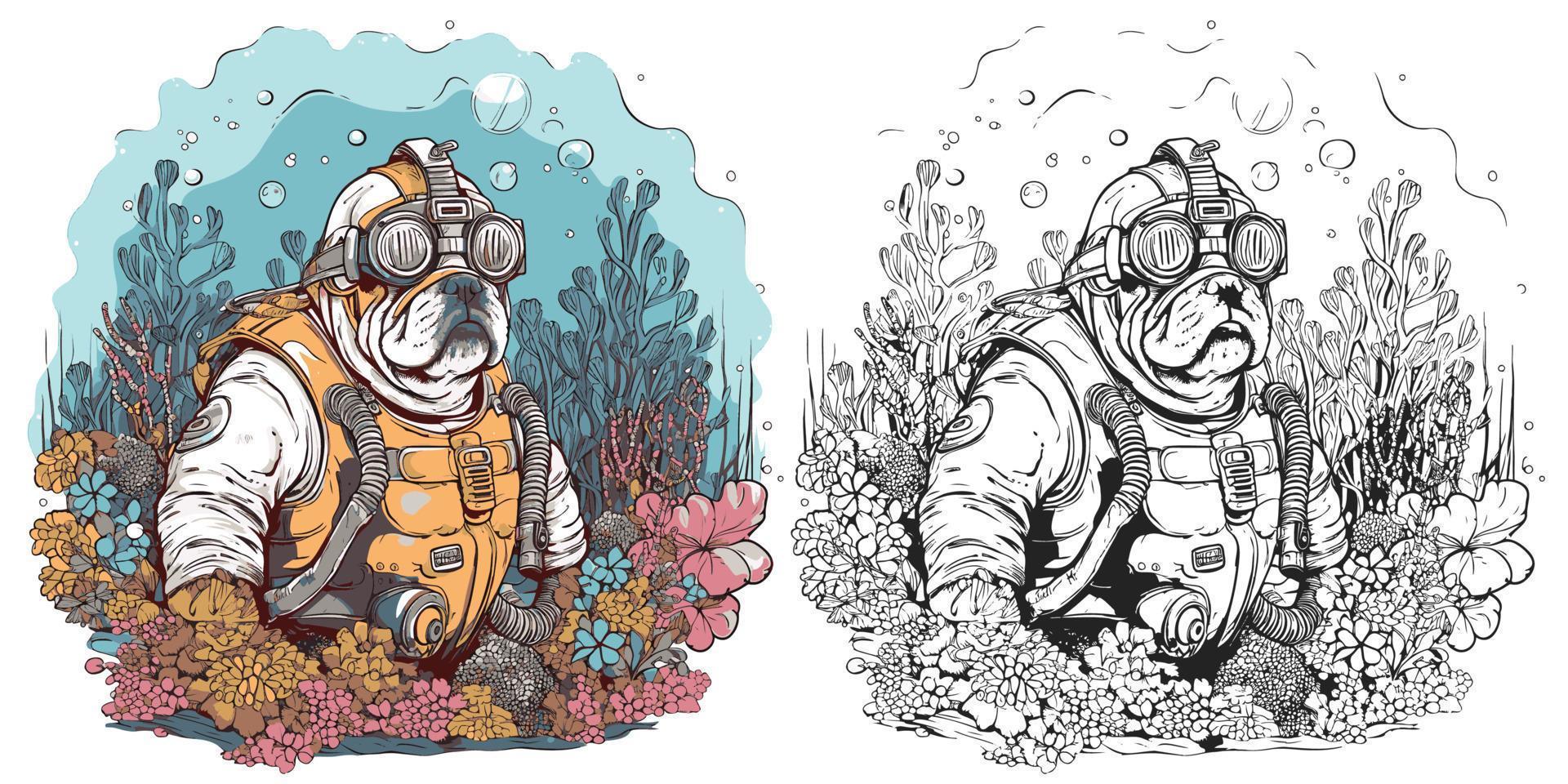 A bulldog with goggles snorkeling in the ocean surrounded.Illustration of T-shirt design vector