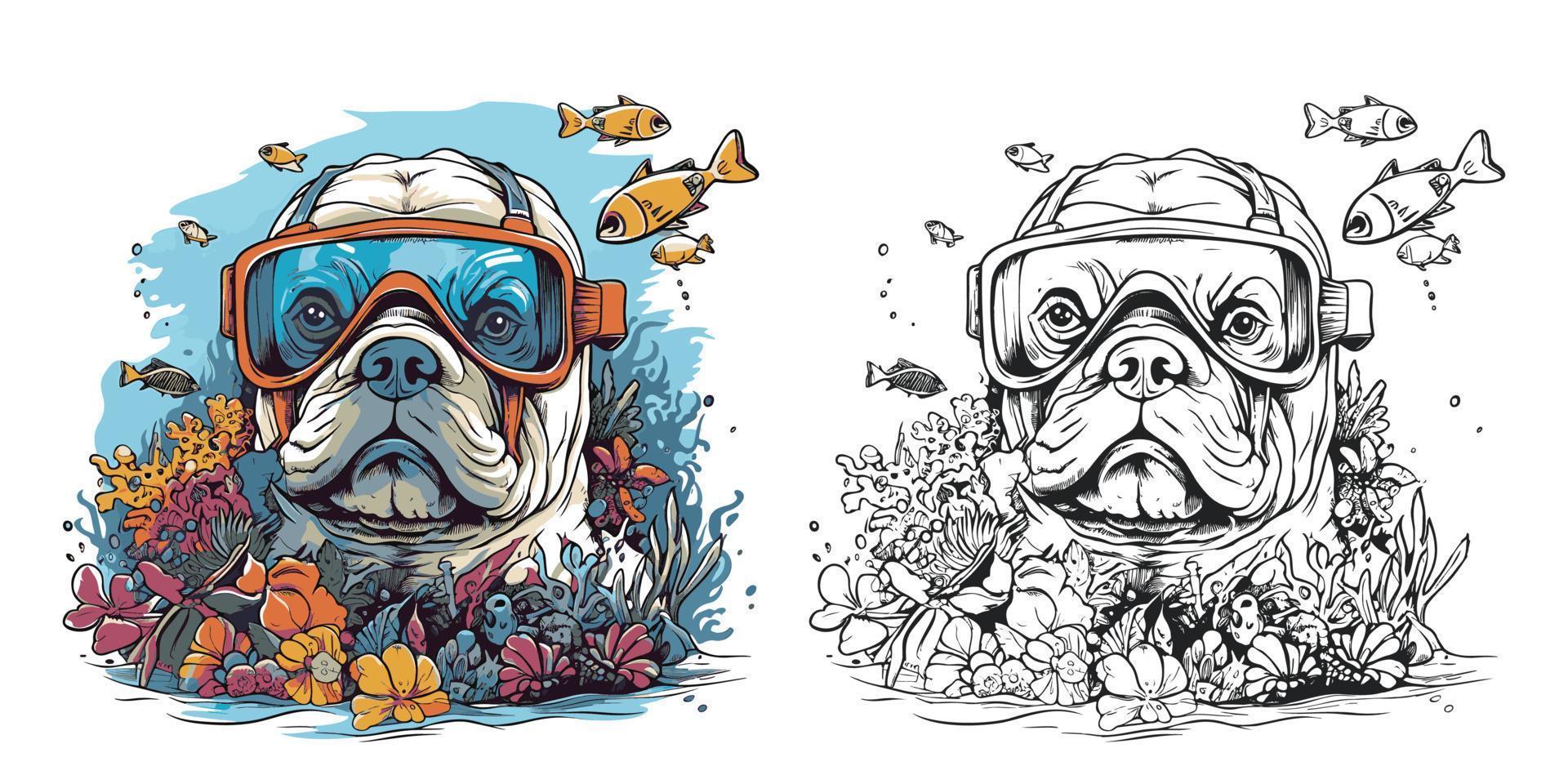 un buldog con gafas de protección bucear en el Oceano rodeado.ilustracion de camiseta diseño vector