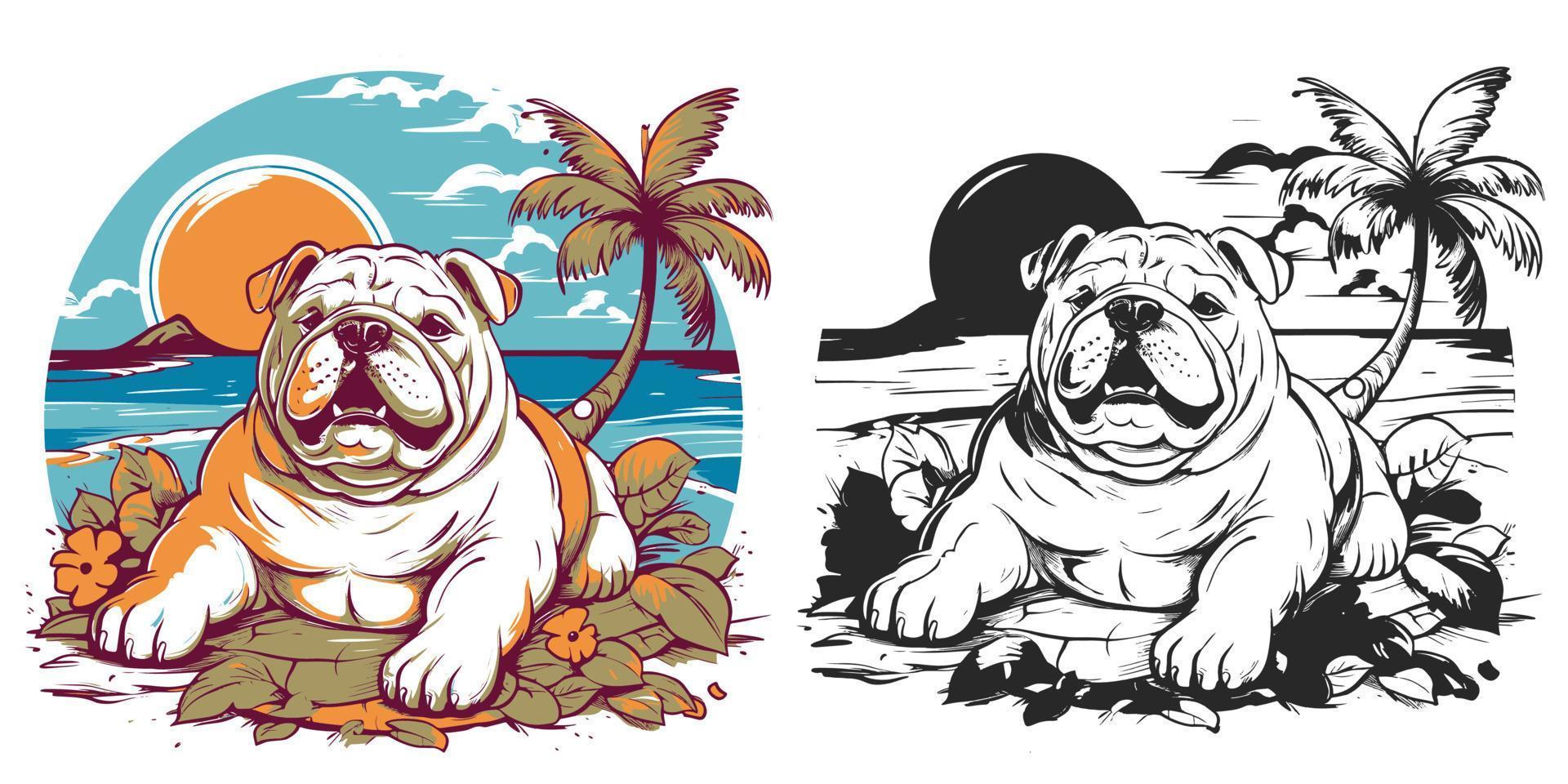 visualizar un contento buldog descansando en un tropical playa.ilustracion de camiseta diseño vector