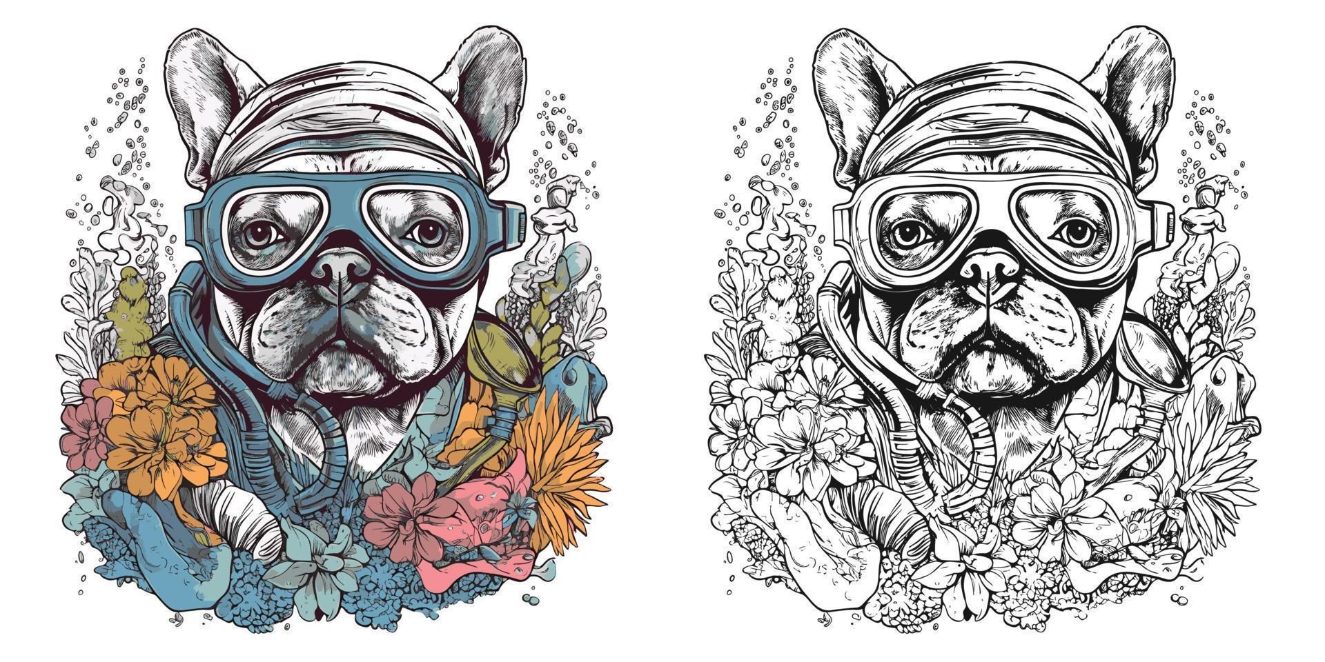 A bulldog with goggles snorkeling in the ocean surrounded.Illustration of T-shirt design vector
