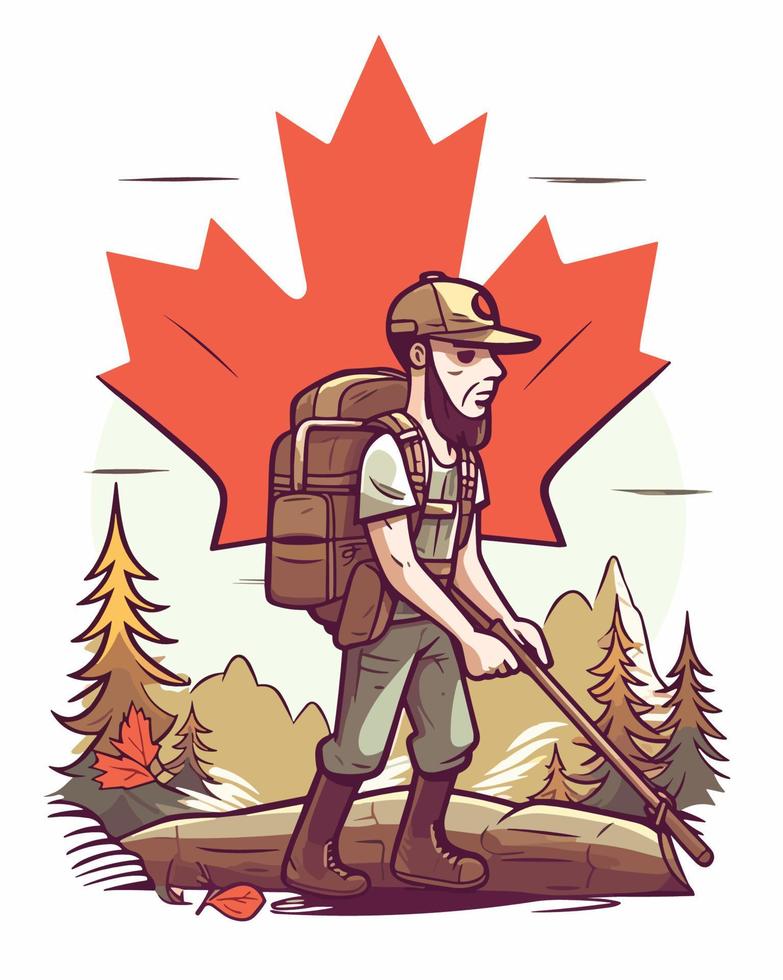 canadian hiker with maple leaf backdrop vector