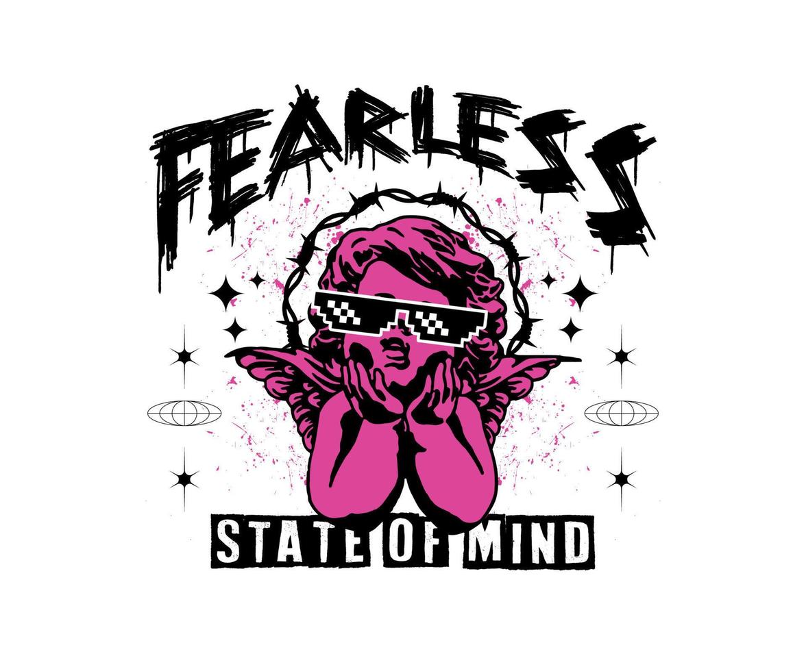 fearless slogan typography with baby angels statue graphic vector illustration on white background with grunge style for streetwear and urban style t-shirts design, hoodies, etc