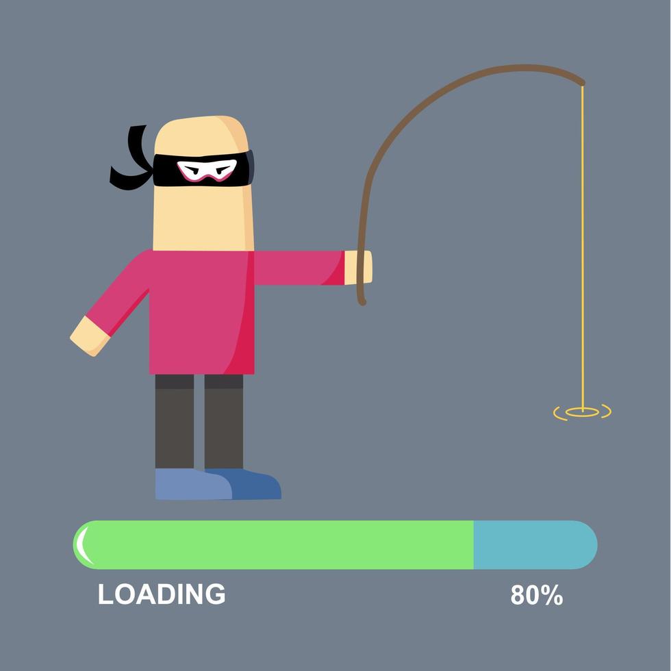 Waiting for fishing. Cartoon fisherman and loading bar 80 percent. Flat vector illustration