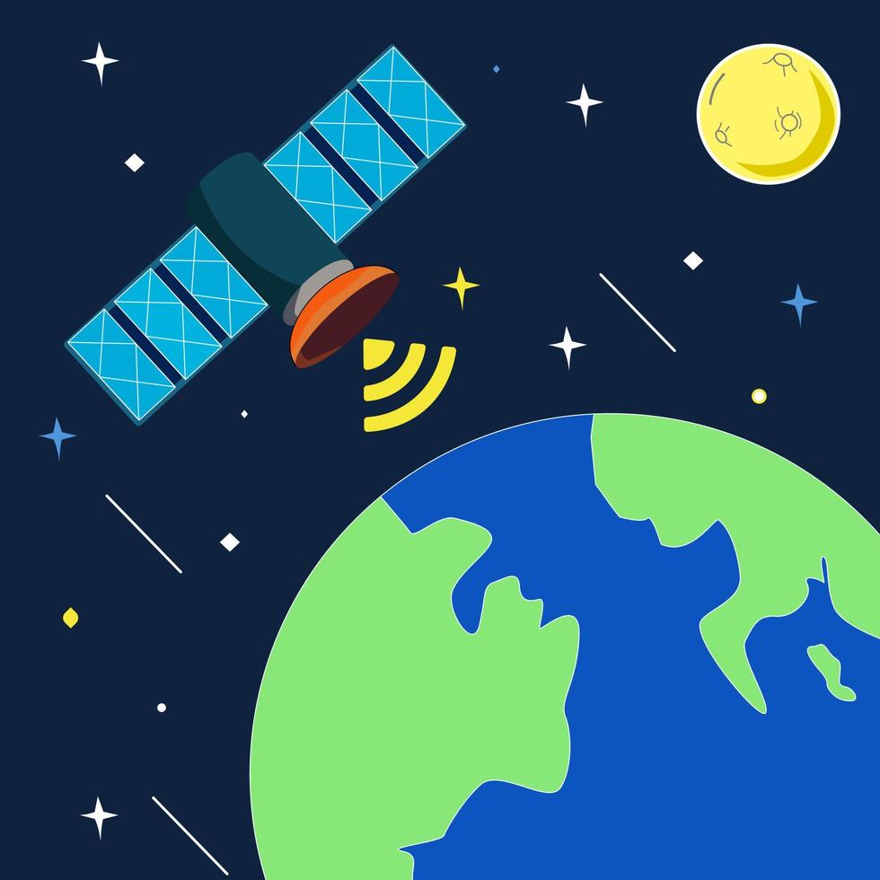 The Satellites flying above Earth planet.  Communications in space. vector