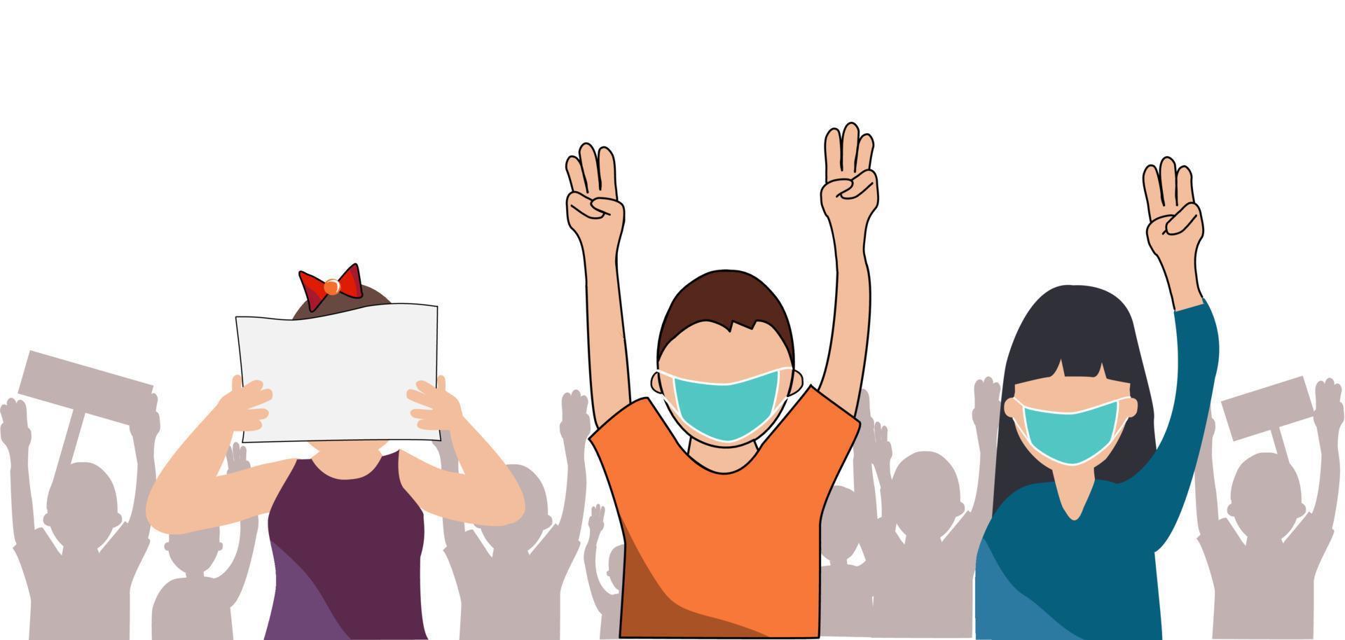Crowd of people wearing surgical face mask show 3 fingers protesting. Protest, outcry, deprecation concept. Cartoon vector illustration