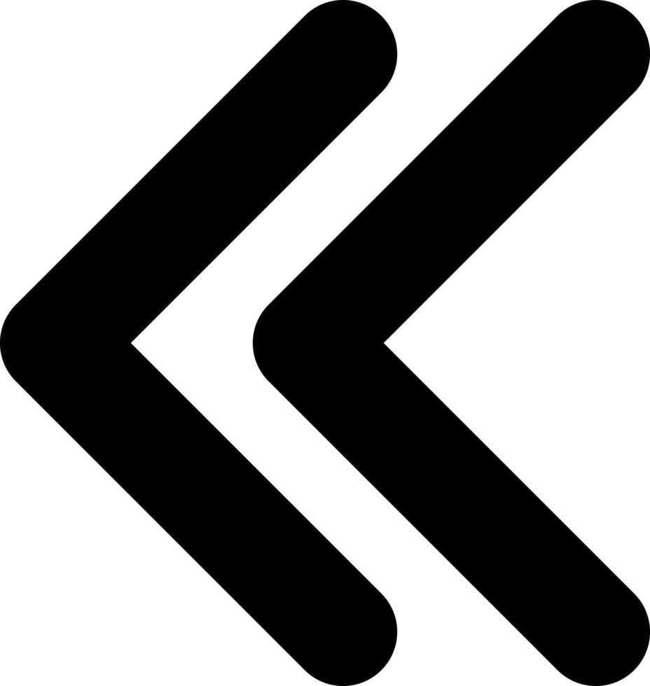 Left double arrow black glyph ui icon. Double chevrons. Fast reverse button. User interface design. Silhouette symbol on white space. Solid pictogram for web, mobile. Isolated vector illustration