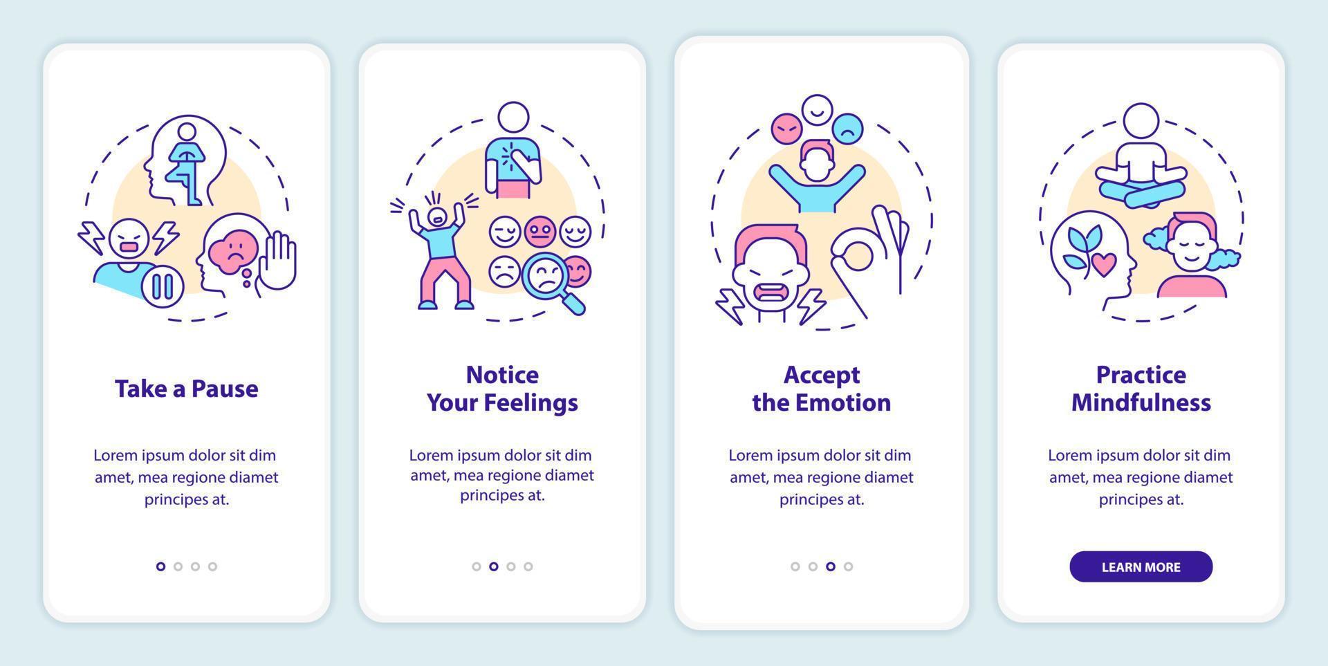 Emotional regulation skills onboarding mobile app screen. Walkthrough 4 steps editable graphic instructions with linear concepts. UI, UX, GUI template vector