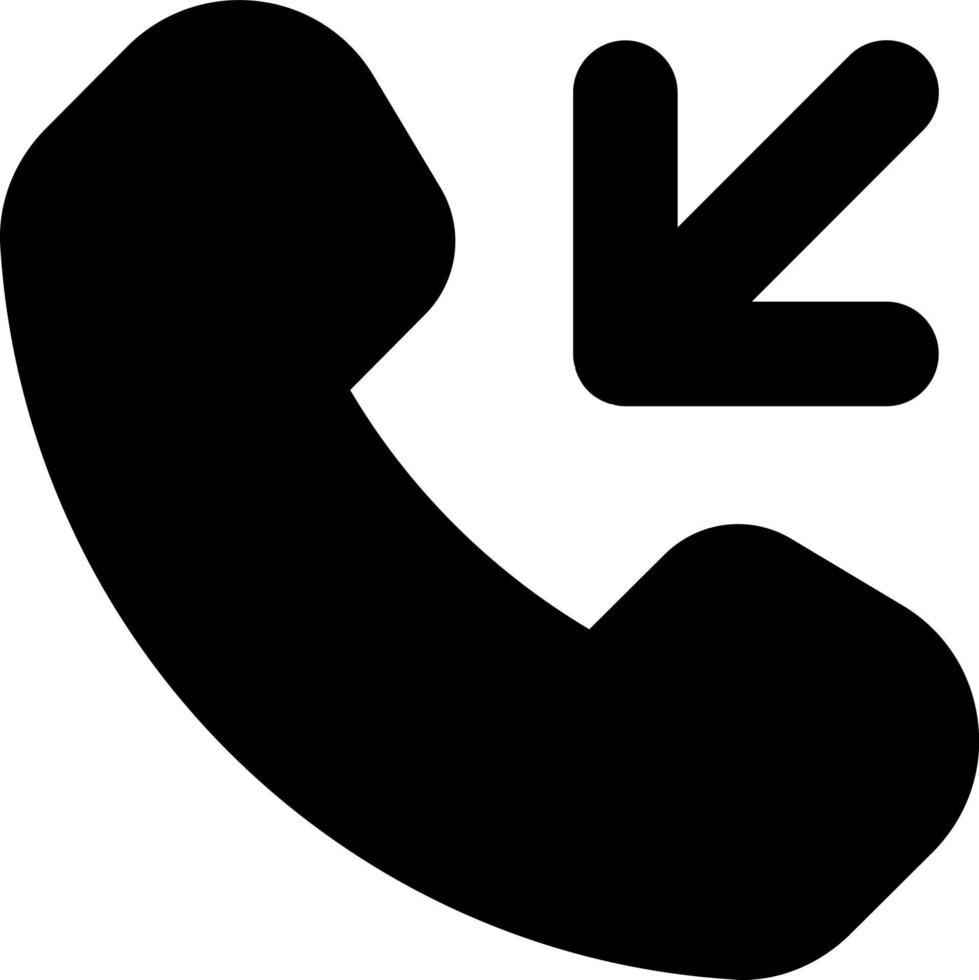 Incoming call black glyph ui icon. Answer button. Arrow pointing to cellphone. User interface design. Silhouette symbol on white space. Solid pictogram for web, mobile. Isolated vector illustration