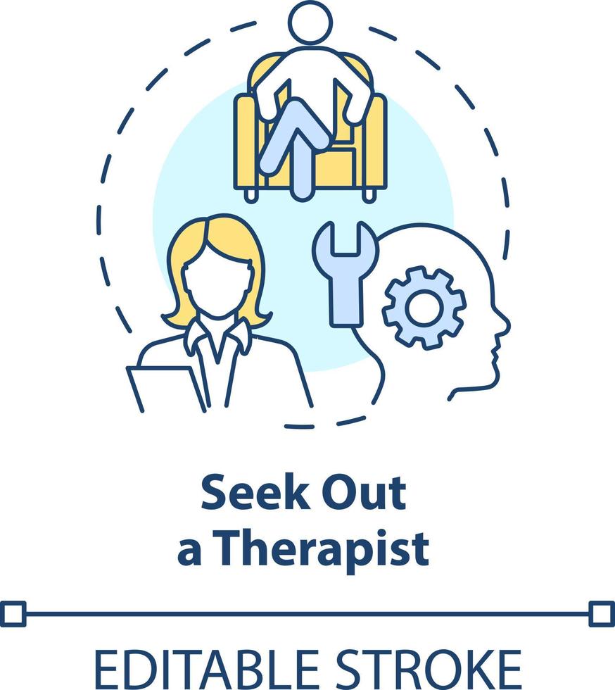 Seek out therapist concept icon. Mental health. Strategy for emotional regulation abstract idea thin line illustration. Isolated outline drawing. Editable stroke vector