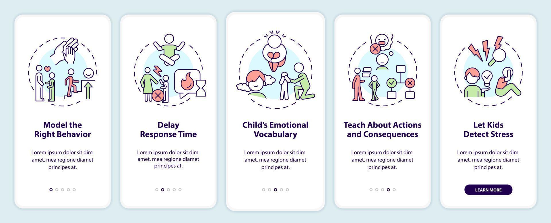 Fostering emotional regulation in child onboarding mobile app screen. Walkthrough 5 steps editable graphic instructions with linear concepts. UI, UX, GUI template vector