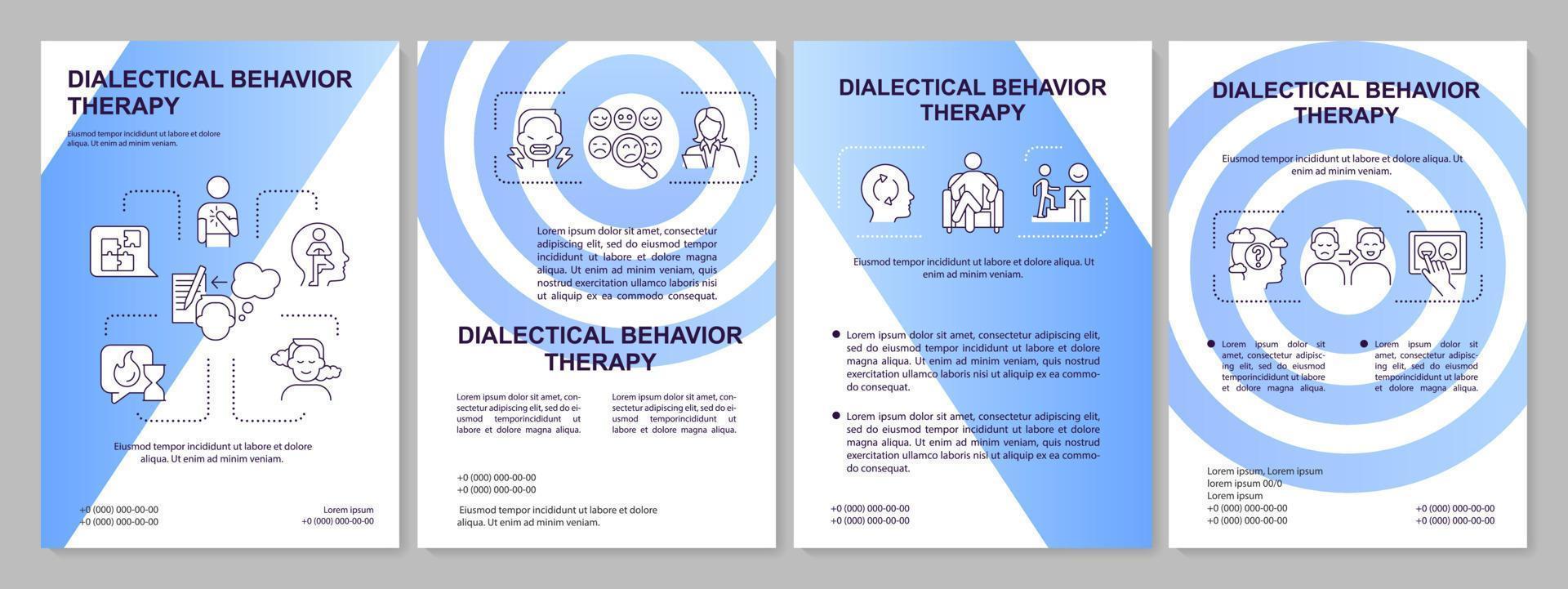 Dialectical behavior therapy blue brochure template. Leaflet design with linear icons. Editable 4 vector layouts for presentation, annual reports