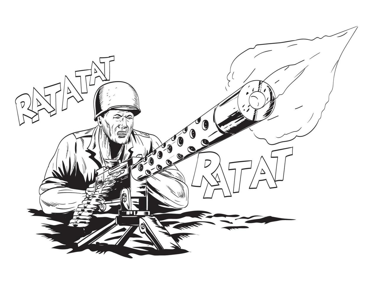 World War Two American Gi Soldier Aiming Firing Machine Gun Front View Comics Style Drawing vector