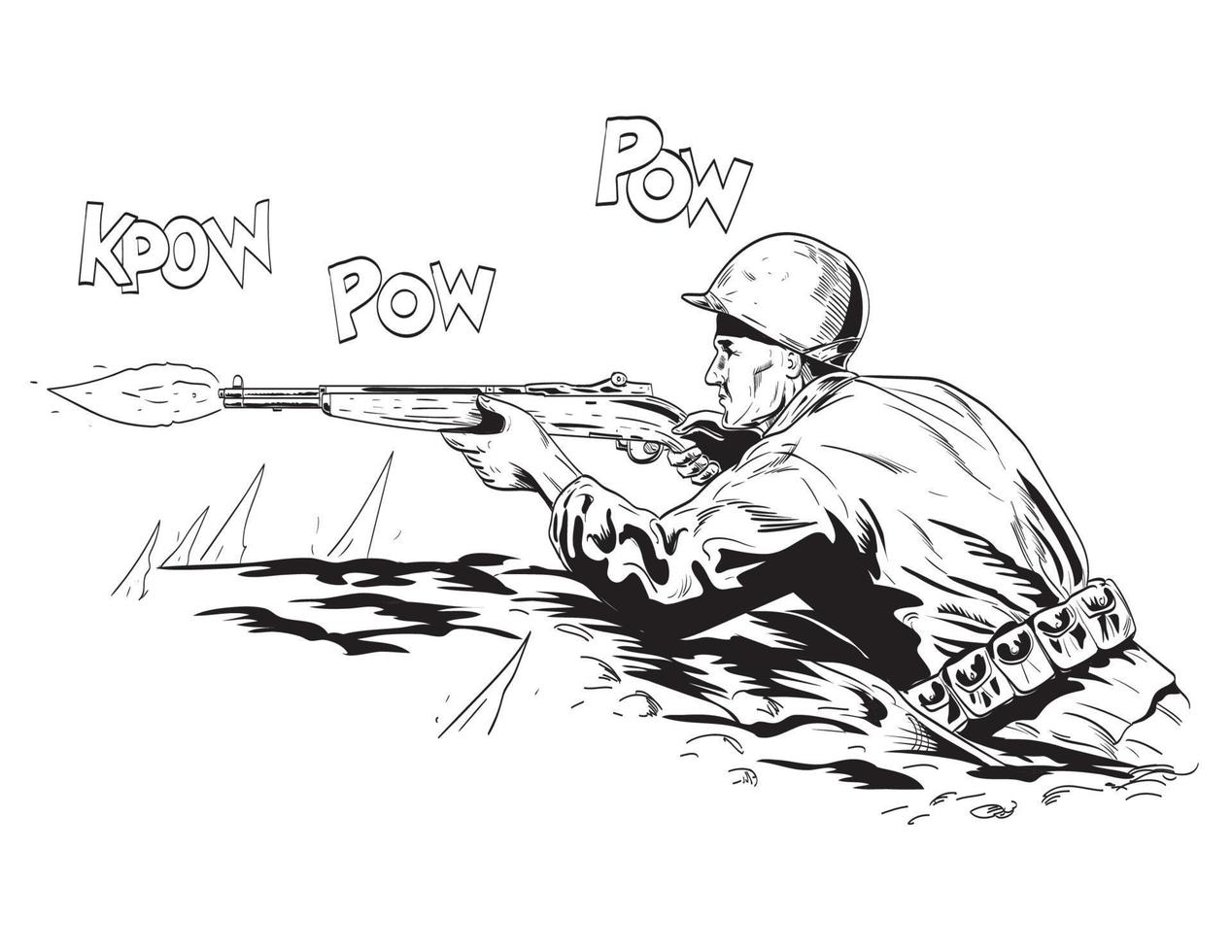 World War Two American Gi Soldier Aiming Firing Rifle in Foxhole Side View Comics Style Drawing vector