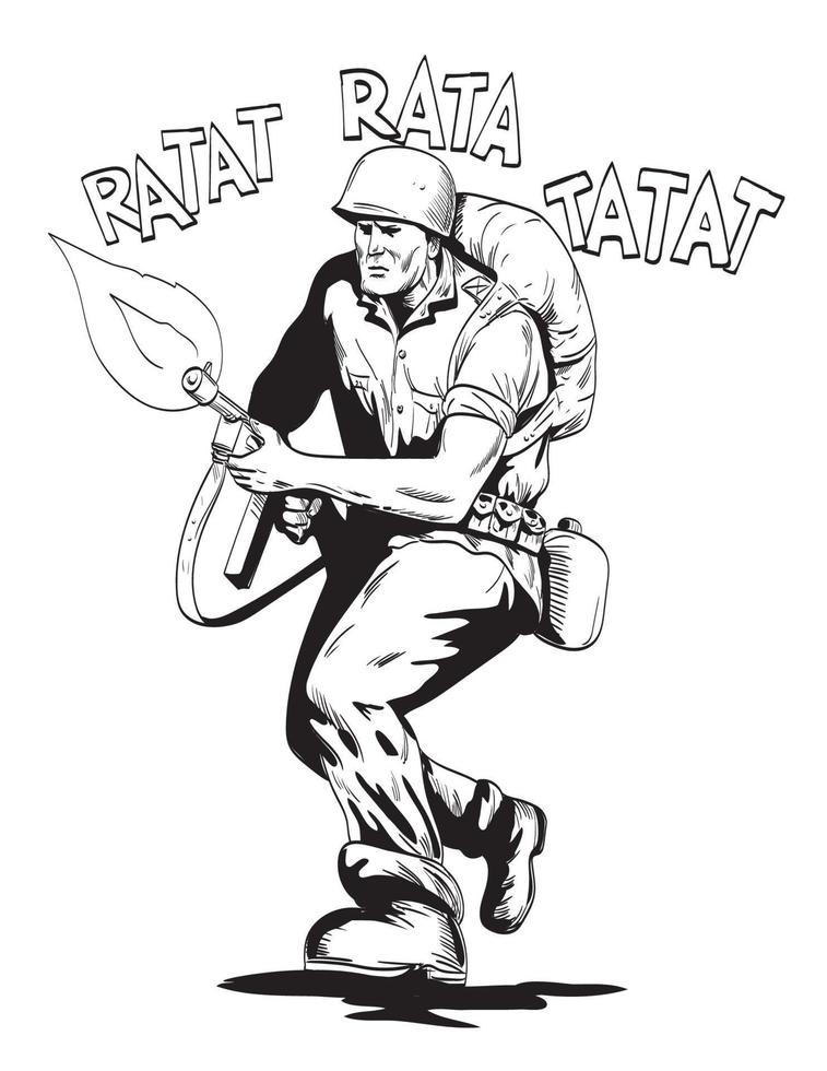 World War Two American GI Soldier Firing Rifle Running Comics Style Drawing vector