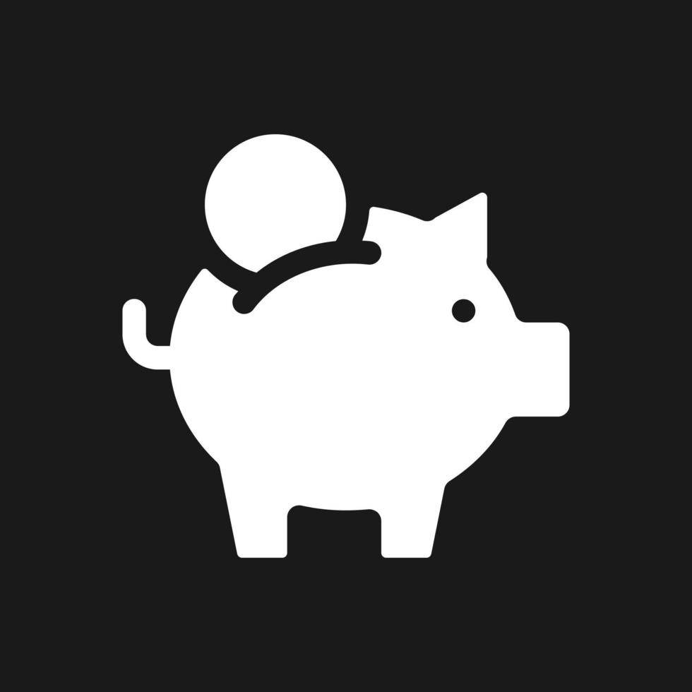 Put coin into piggy bank dark mode glyph ui icon. Budget and capital. User interface design. White silhouette symbol on black space. Solid pictogram for web, mobile. Vector isolated illustration