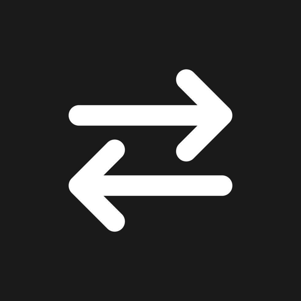 Two arrows dark mode glyph ui icon. Transaction symbol. Left, right arrows. User interface design. White silhouette symbol on black space. Solid pictogram for web, mobile. Vector isolated illustration