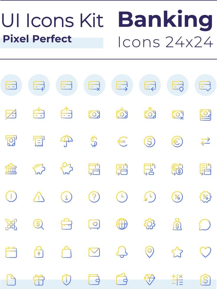 Banking and finance pixel perfect gradient linear ui icons set. Credit card operations. Line contour user interface symbols. Modern style pictograms. Vector isolated outline illustrations