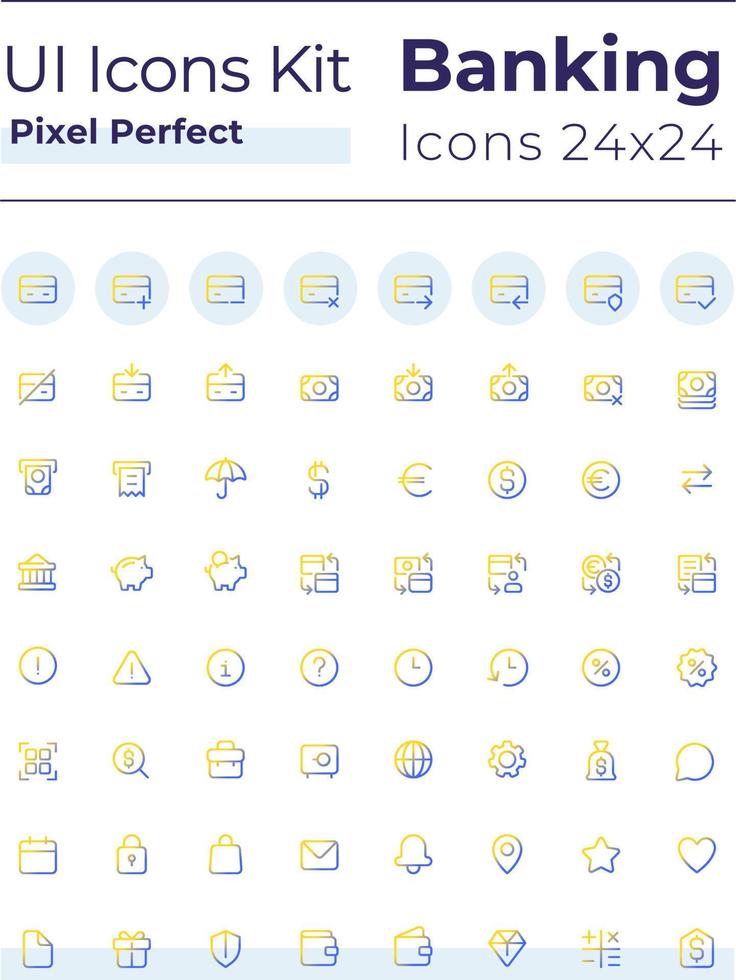 bancario y Finanzas píxel Perfecto degradado lineal ui íconos colocar. crédito tarjeta operaciones. línea contorno usuario interfaz simbolos moderno estilo pictogramas. vector aislado contorno ilustraciones