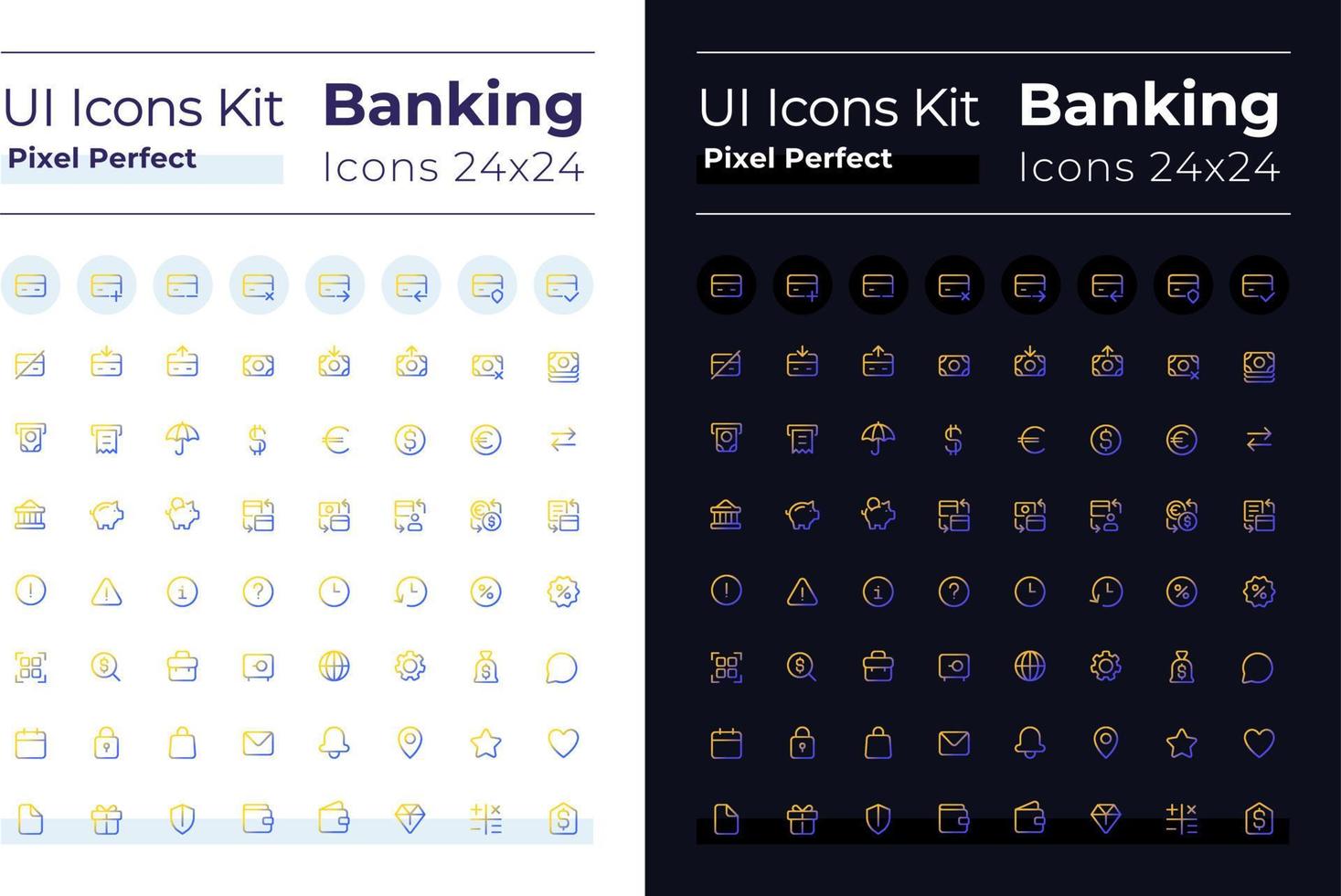 Banking pixel perfect gradient linear ui icons set for dark, light mode. Money transactions. Line contour user interface symbols. Modern style pictograms. Vector isolated outline illustrations