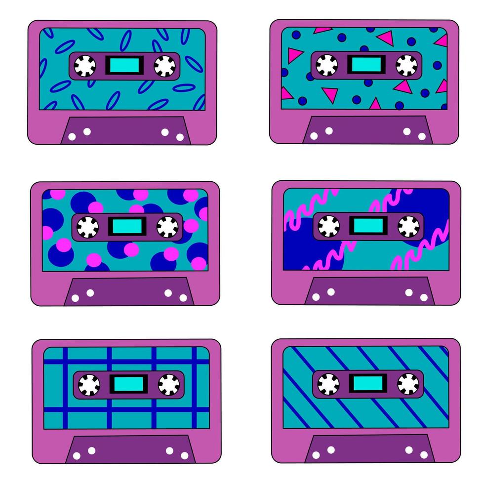 Collection of retro vintage audio music cassettes with magnetic tape. Vector illustration cassettes with different abstract design in 90s, 80s, 70s style.
