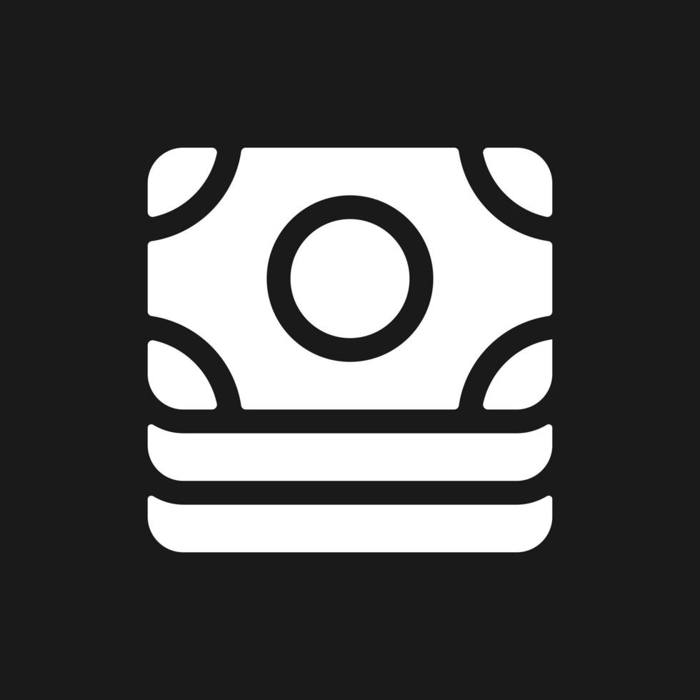Cash dark mode glyph ui icon. Paper money bundle. Pile of banknotes. User interface design. White silhouette symbol on black space. Solid pictogram for web, mobile. Vector isolated illustration