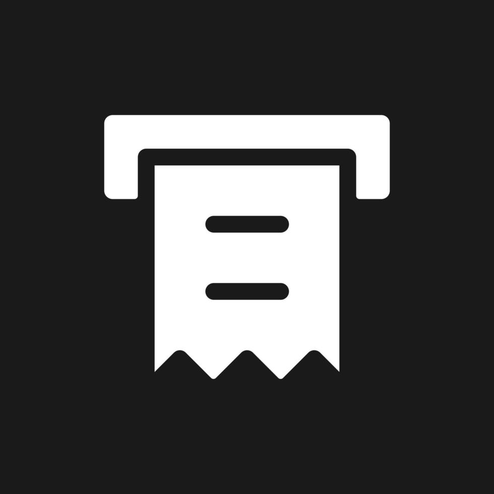 Receipt printer dark mode glyph ui icon. Automated teller machine. User interface design. White silhouette symbol on black space. Solid pictogram for web, mobile. Vector isolated illustration