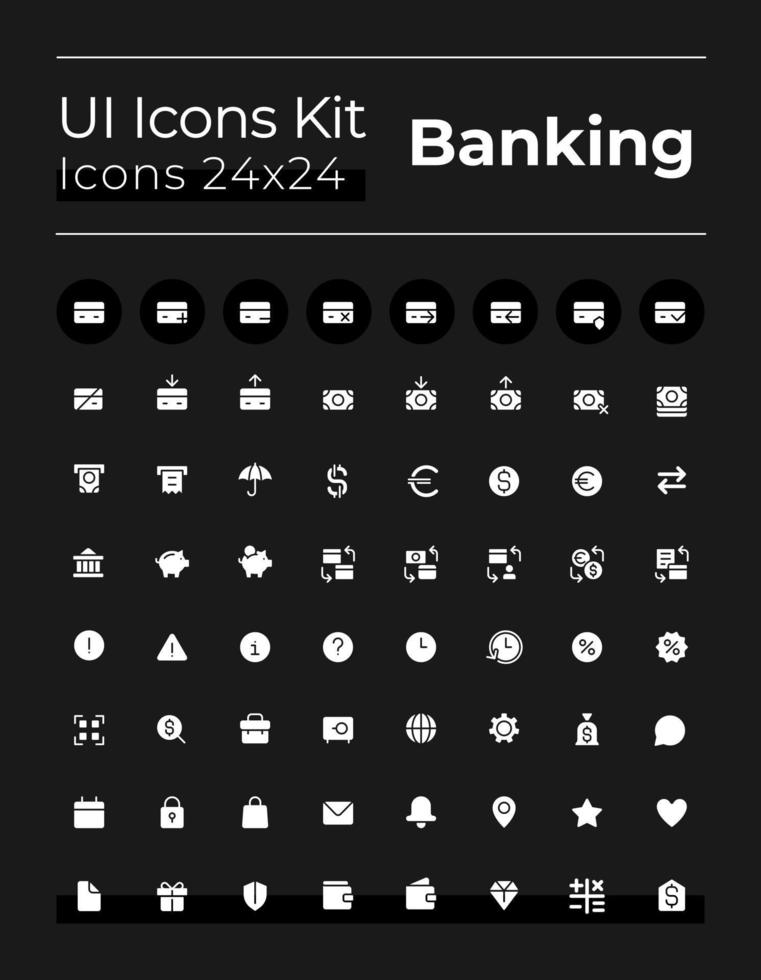 Banking and finance white glyph ui icons set for dark mode. Silhouette symbols on black background. Solid pictograms for web, mobile. Vector isolated illustrations