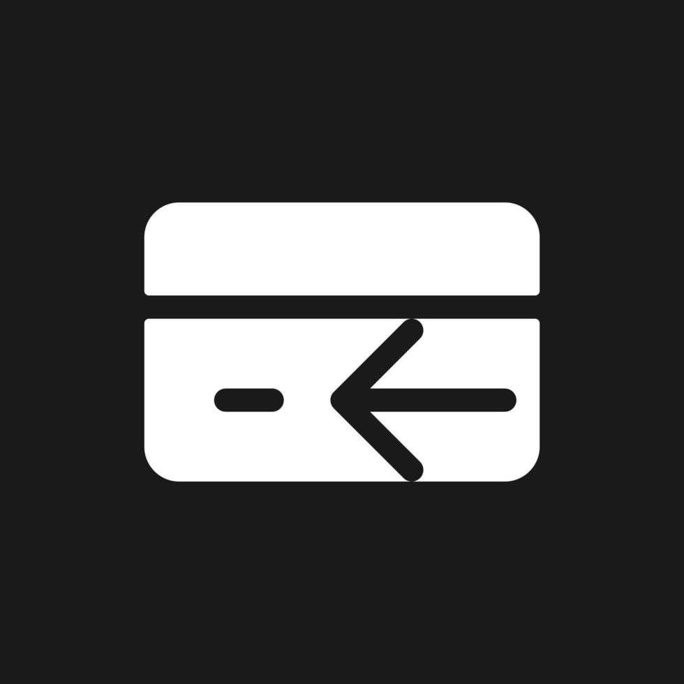 Electronic money refund dark mode glyph ui icon. Payment card operations. User interface design. White silhouette symbol on black space. Solid pictogram for web, mobile. Vector isolated illustration