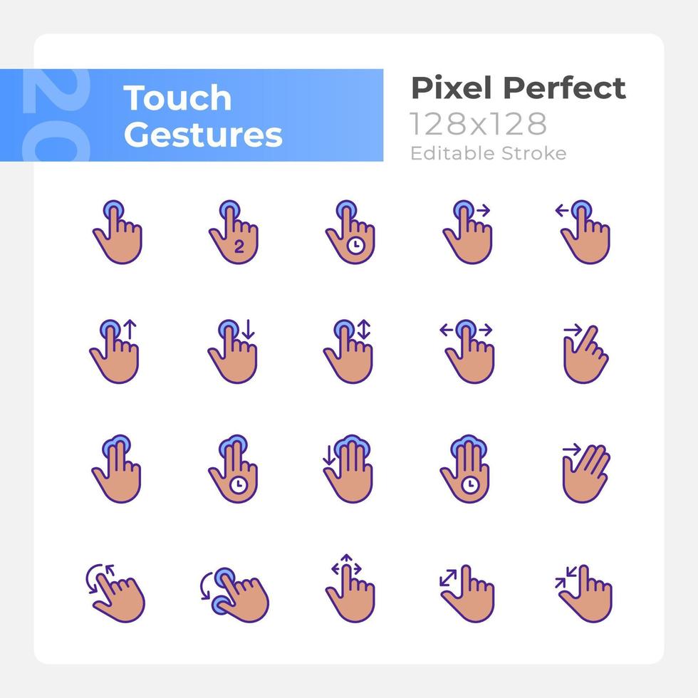 Touch control gestures pixel perfect RGB color icons set. Touchscreen. Isolated vector illustrations. Simple filled line drawings collection. Editable stroke