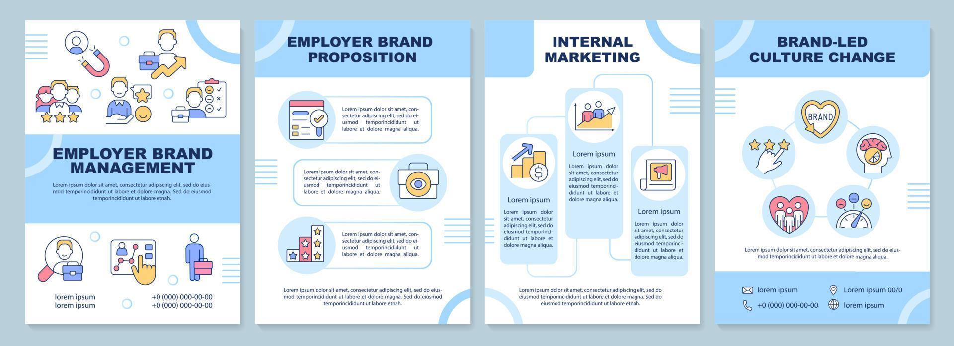 Employer branding blue brochure template.Talent retention. Leaflet design with linear icons. Editable 4 vector layouts for presentation, annual reports