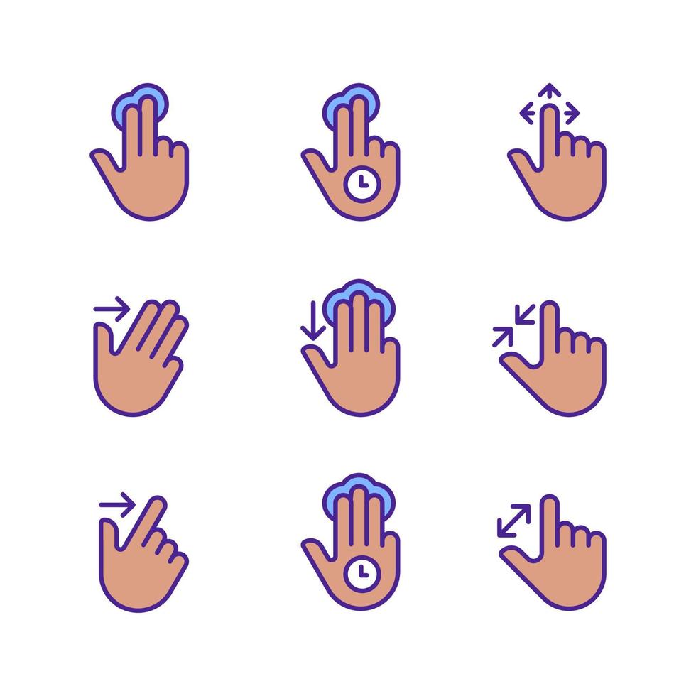 Multiple fingers gestures pixel perfect RGB color icons set. Touchscreen control. Tablet and phone navigation. Isolated vector illustrations. Simple filled line drawings collection. Editable stroke
