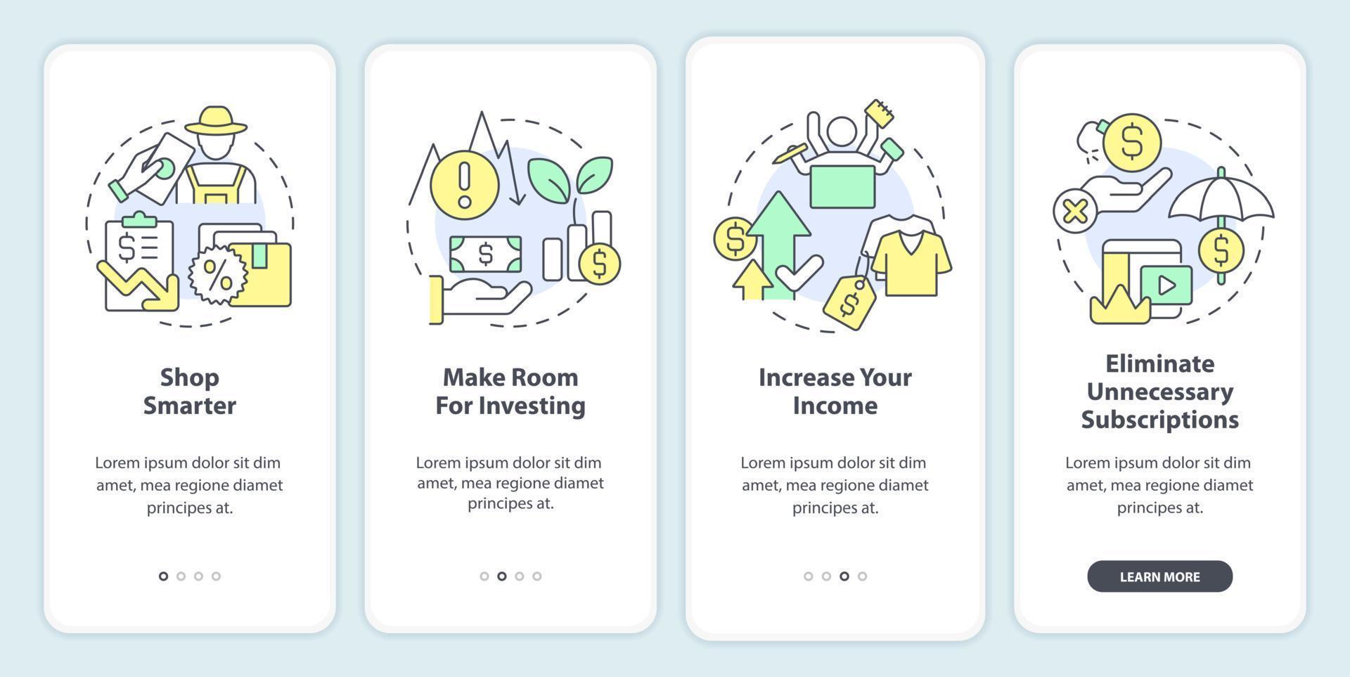 Budget planning for inflation onboarding mobile app screen. Walkthrough 4 steps editable graphic instructions with linear concepts. UI, UX, GUI template vector