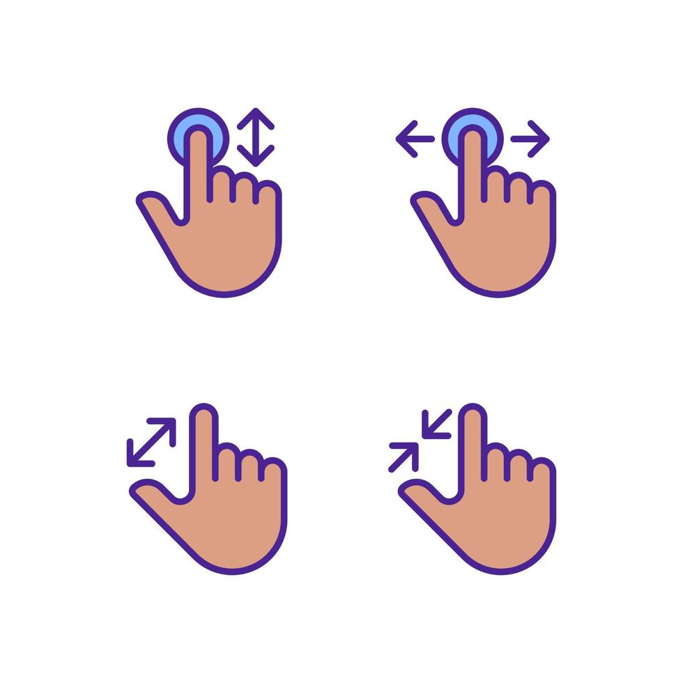 Scrolling and magnifying gestures pixel perfect RGB color icons set. Touchscreen. Electronic device navigation. Isolated vector illustrations. Simple filled line drawings collection. Editable stroke