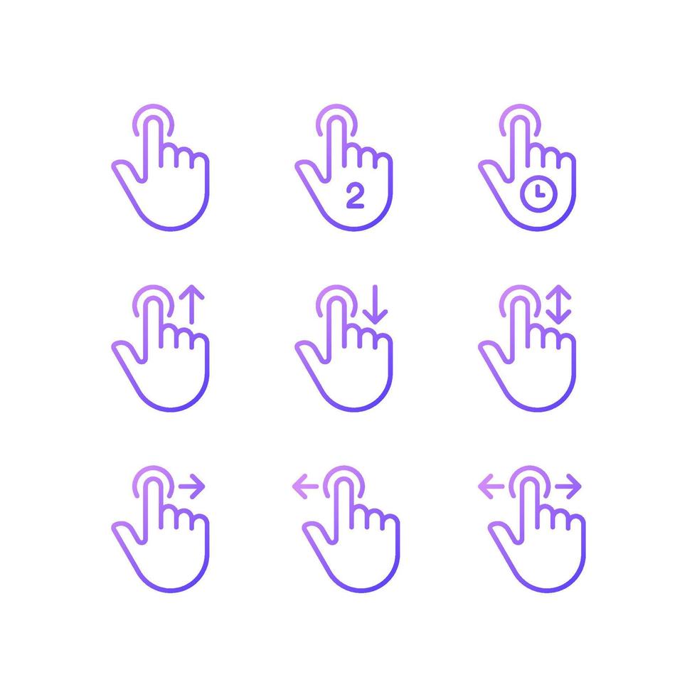 Touchscreen control gradient linear vector icons set. Device navigation gestures. Smartphone and tablet. Thin line contour symbol designs bundle. Isolated outline illustrations collection