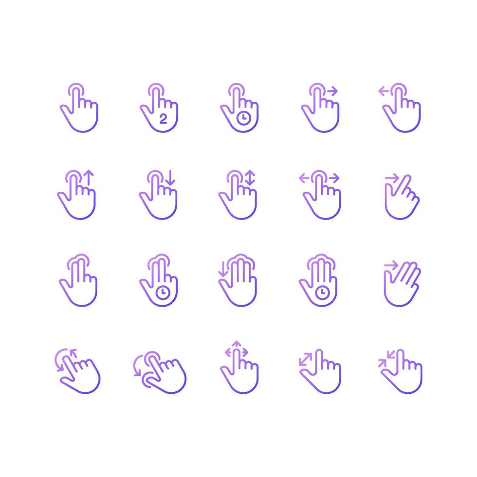 Touch gestures gradient linear vector icons set. Touchscreen control. Smartphone navigation. Multi touch technology. Thin line contour symbol designs bundle. Isolated outline illustrations collection
